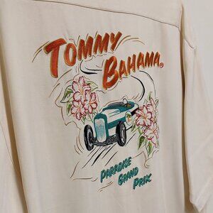 Vintage 90’s Tommy Bahama Cream 100% Silk S/S Camp Shirt w/Paradise Grand Prix